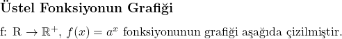  \subsection*{Üstel Fonksiyonun Grafiği} \\ f: \mathbb{R} \to \mathbb{R}^+, \, f(x) = a^x \text{ fonksiyonunun grafiği aşağıda çizilmiştir.} \\  